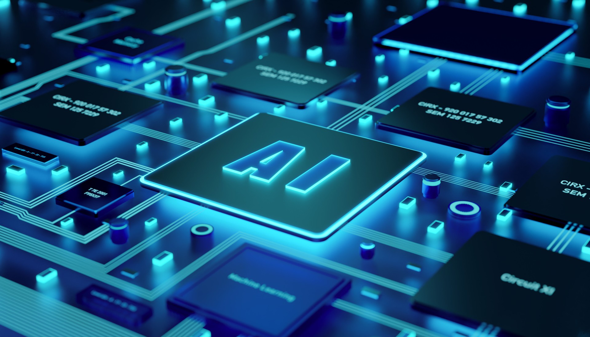 Blue illuminated AI processor (artificial intelligence) on the motherboard.